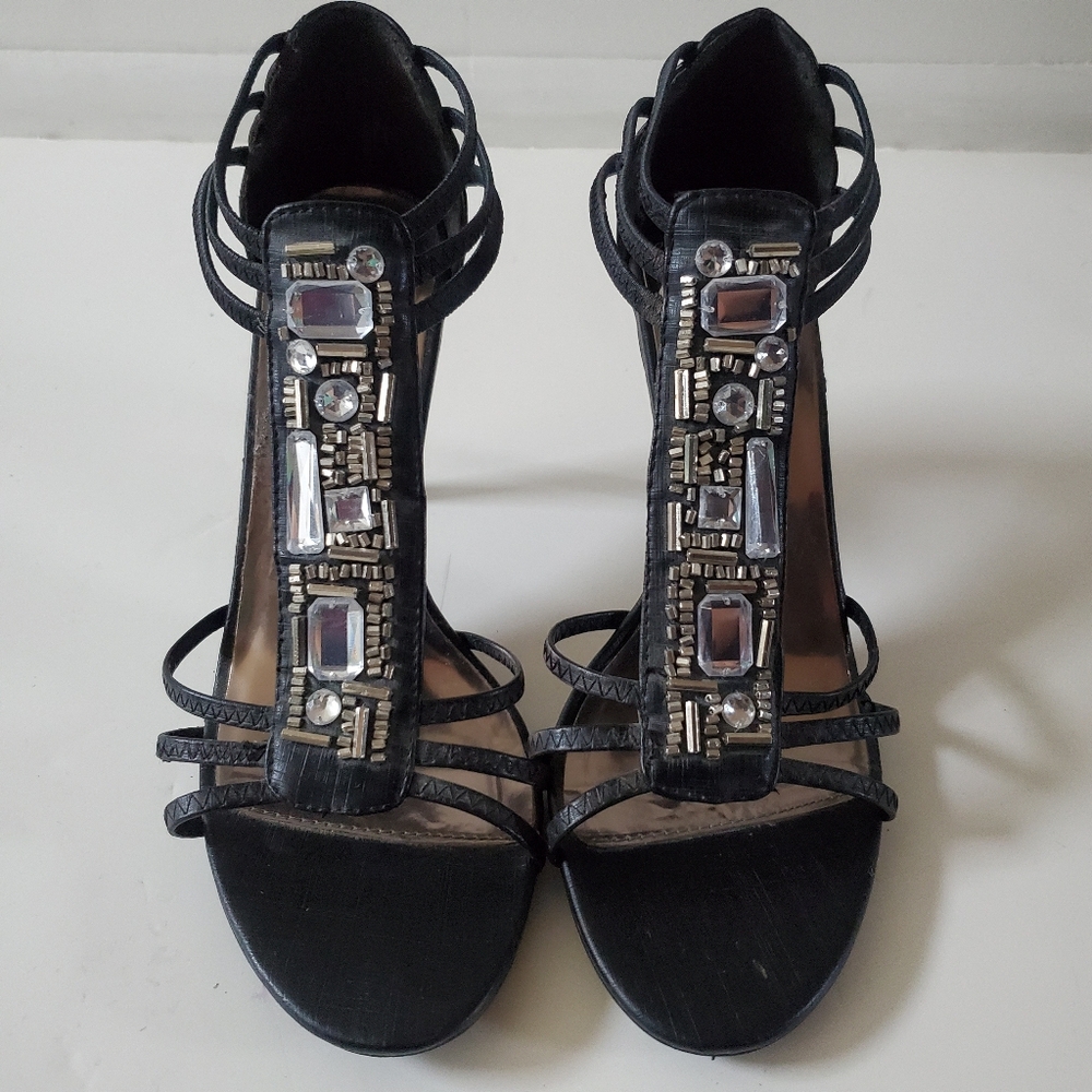 New York Transit Black Strappy Beaded Heels